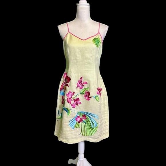 NWT CJ Laing Celery / Lime Green Linen Floral Embroidered Resort Dress Size 10 - Picture 1 of 16